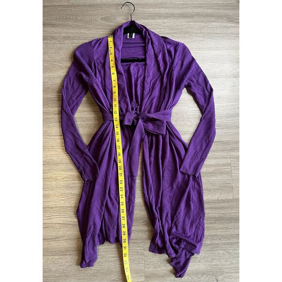 BCBGMAXAZRIA Silk Cashmere Belted Cardigan Purple M/L High-Low Hem Open Front - Picture 2 of 4
